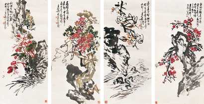 王个簃 1983年作 花卉 四屏